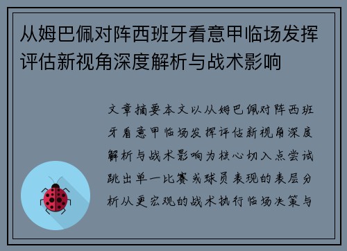 从姆巴佩对阵西班牙看意甲临场发挥评估新视角深度解析与战术影响